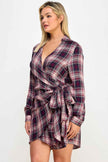 Plus Size Long Sleeve Plaid Side Tie Dress