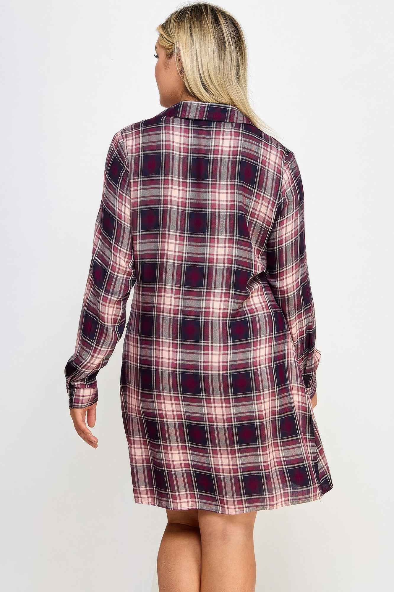 Plus Size Long Sleeve Plaid Side Tie Dress