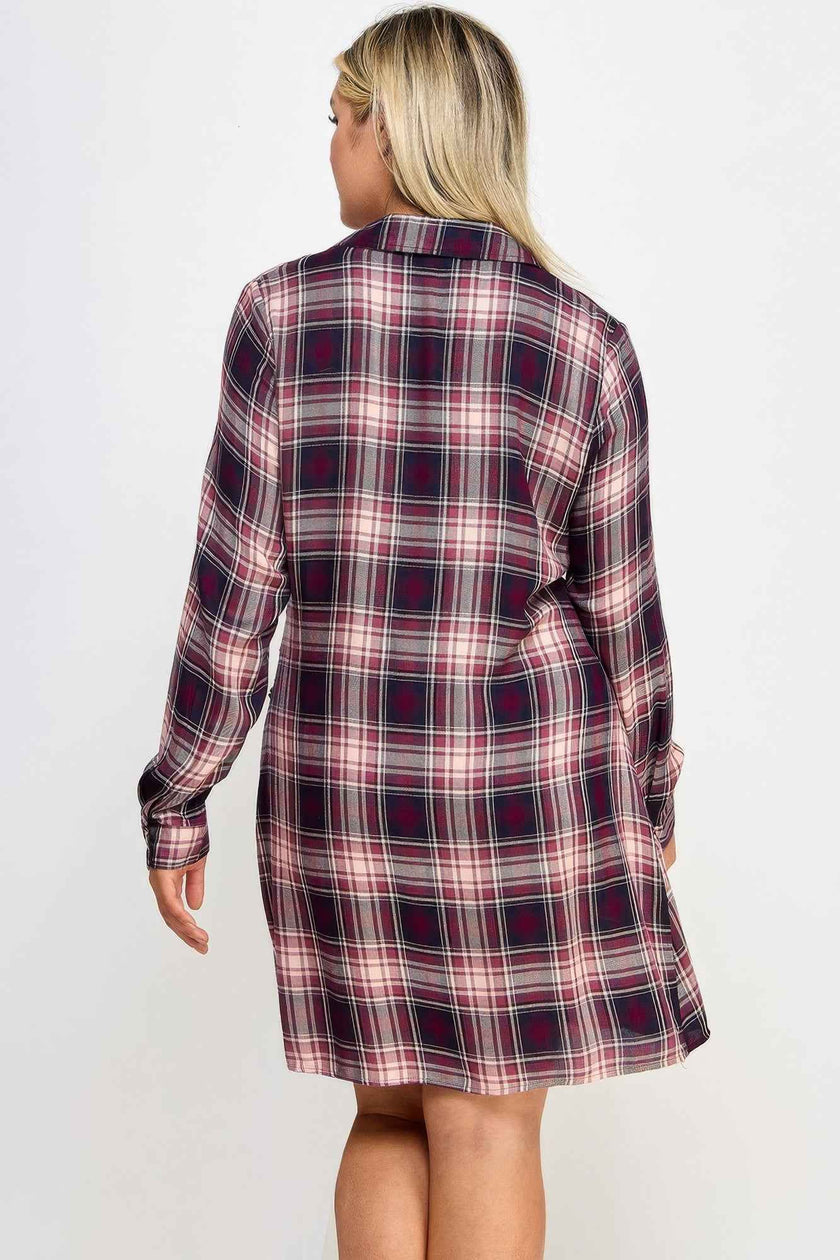 Plus Size Long Sleeve Plaid Side Tie Dress