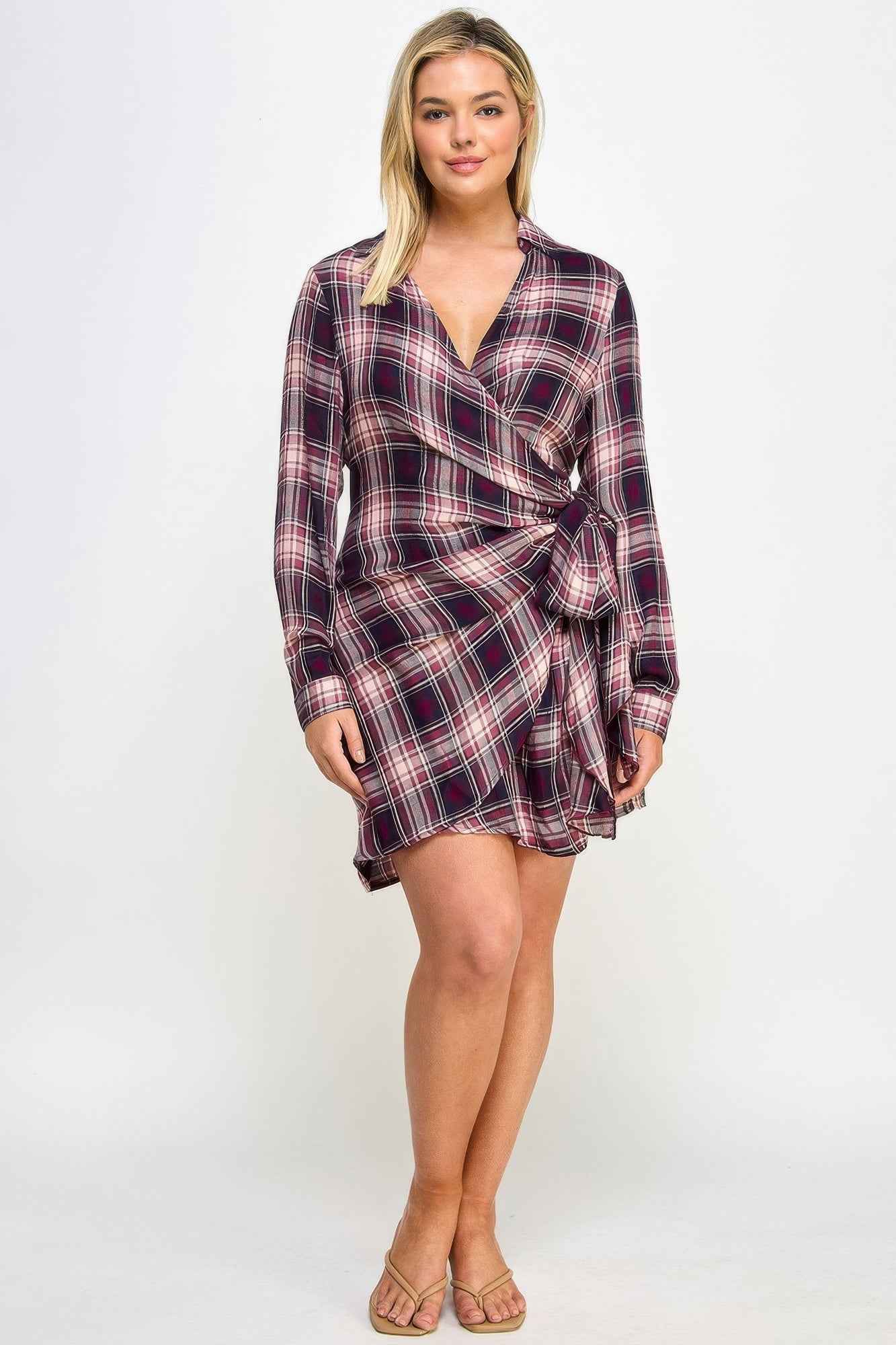 Plus Size Long Sleeve Plaid Side Tie Dress
