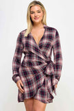 Plus Size Long Sleeve Plaid Side Tie Dress
