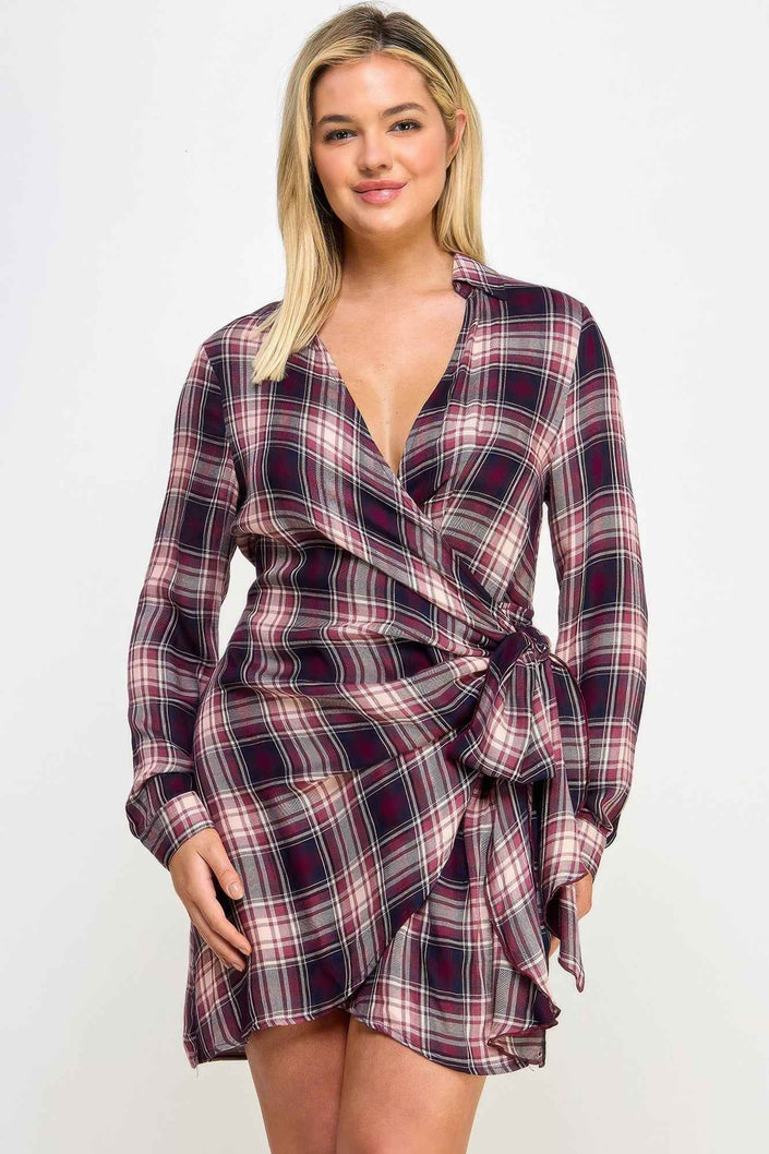 Plus Size Long Sleeve Plaid Side Tie Dress