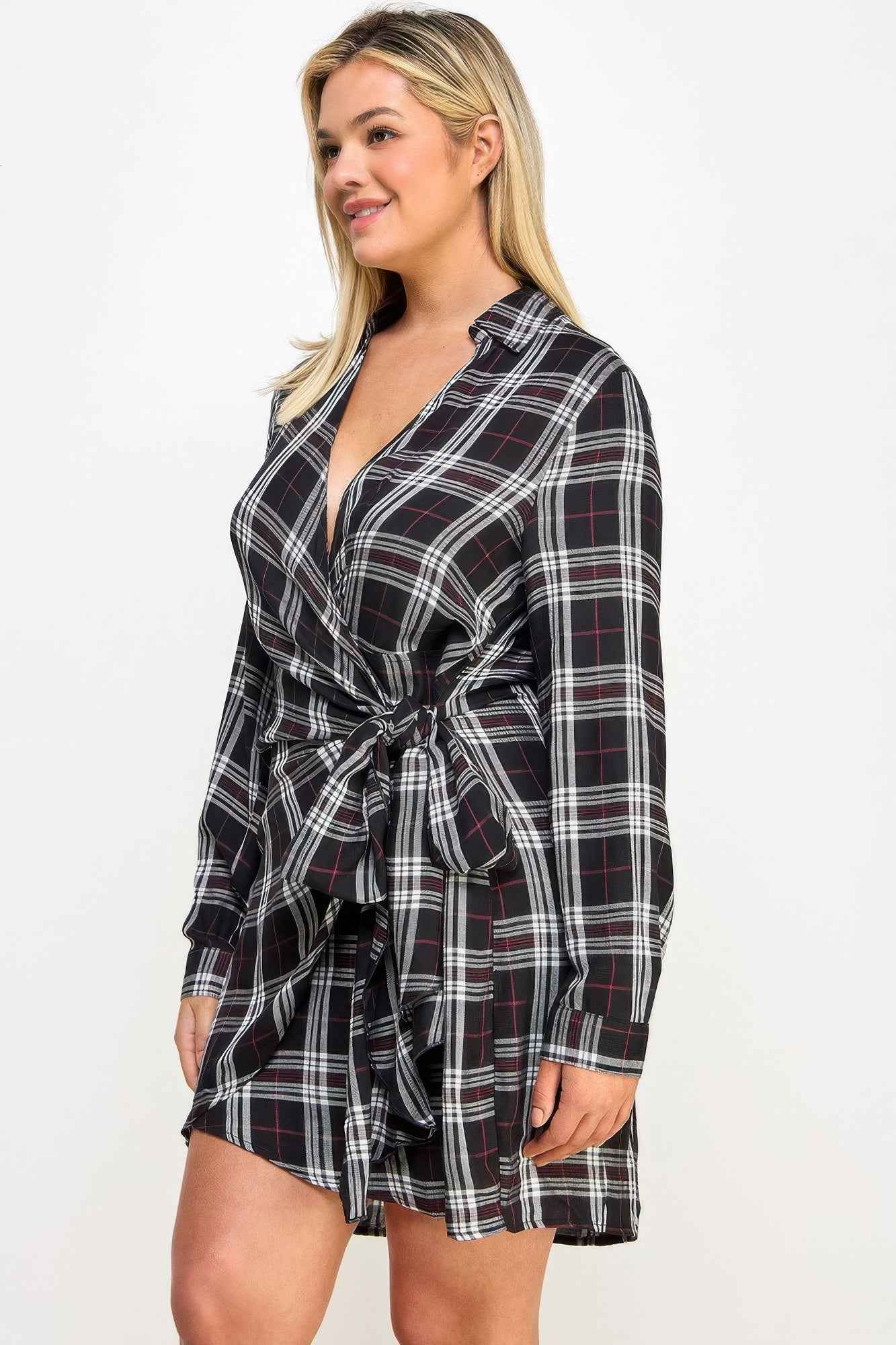 Plus Size Long Sleeve Plaid Side Tie Dress