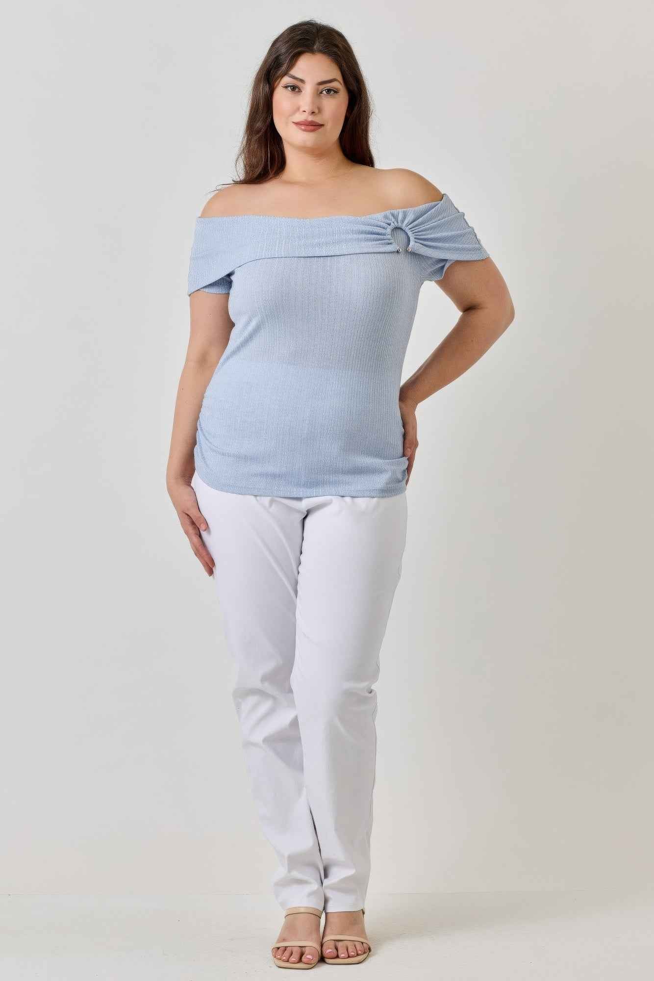 Plus Size Ots Pointelle Knit Rib Fold Over Top