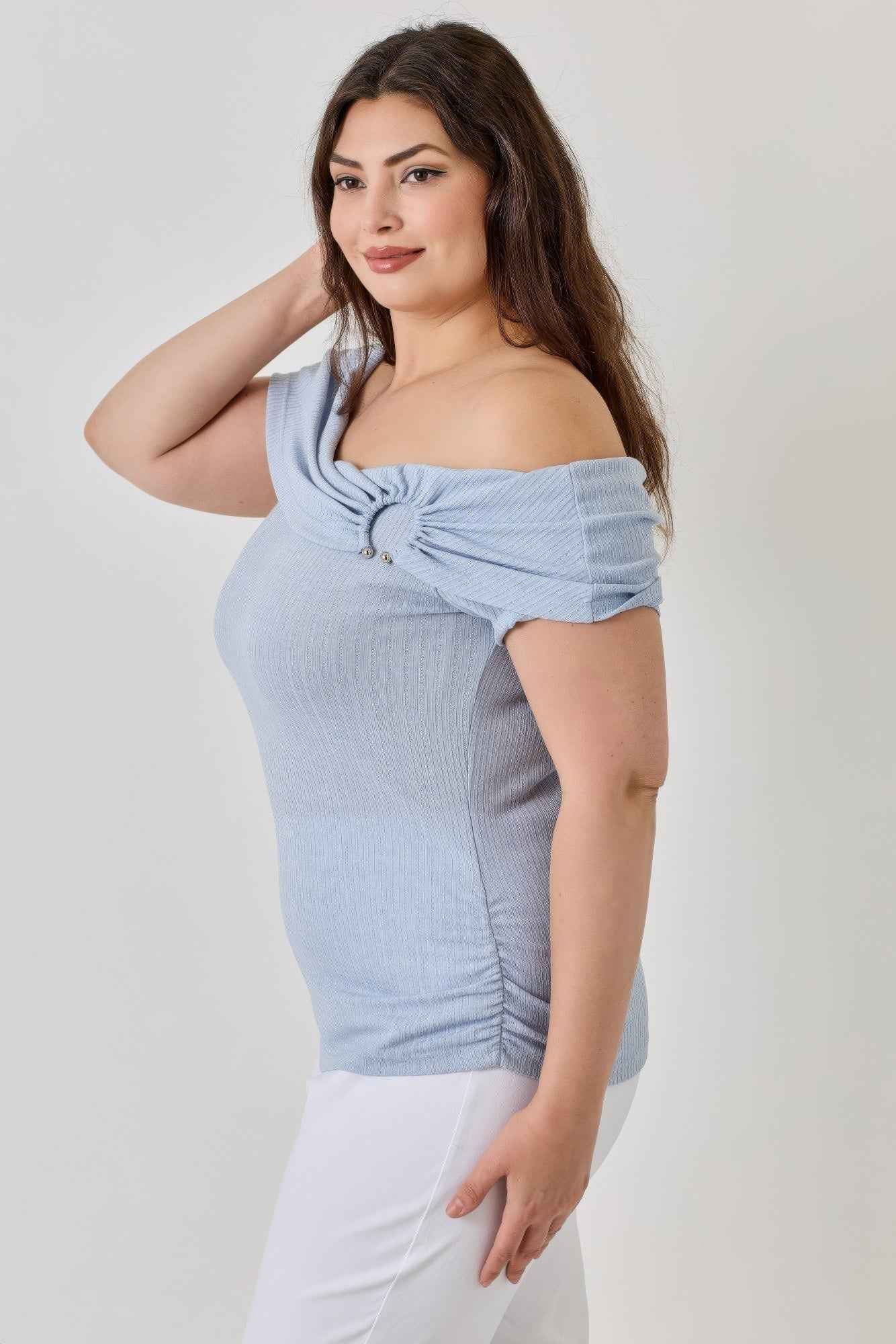 Plus Size Ots Pointelle Knit Rib Fold Over Top