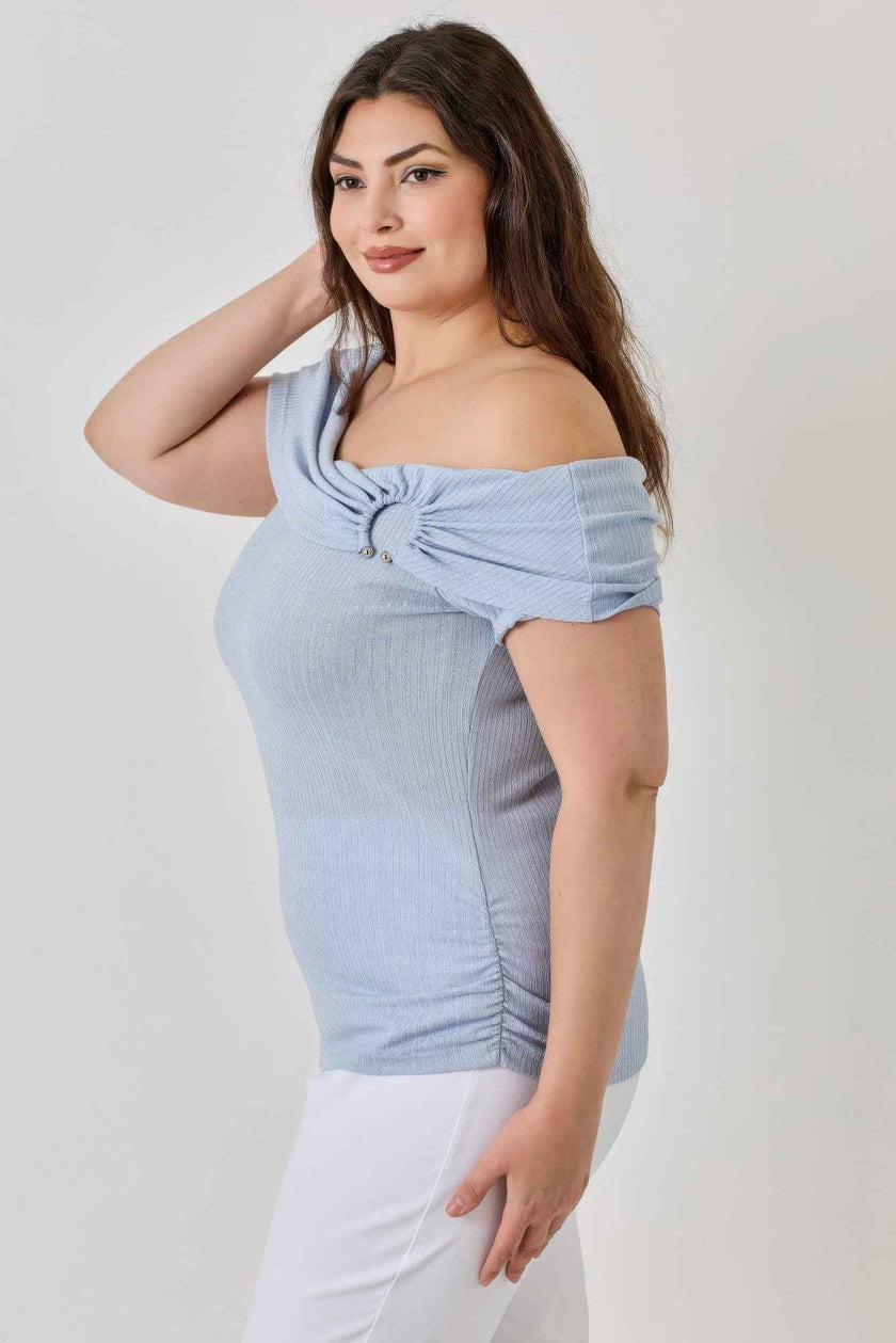 Plus Size Ots Pointelle Knit Rib Fold Over Top