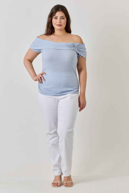 Plus Size Ots Pointelle Knit Rib Fold Over Top