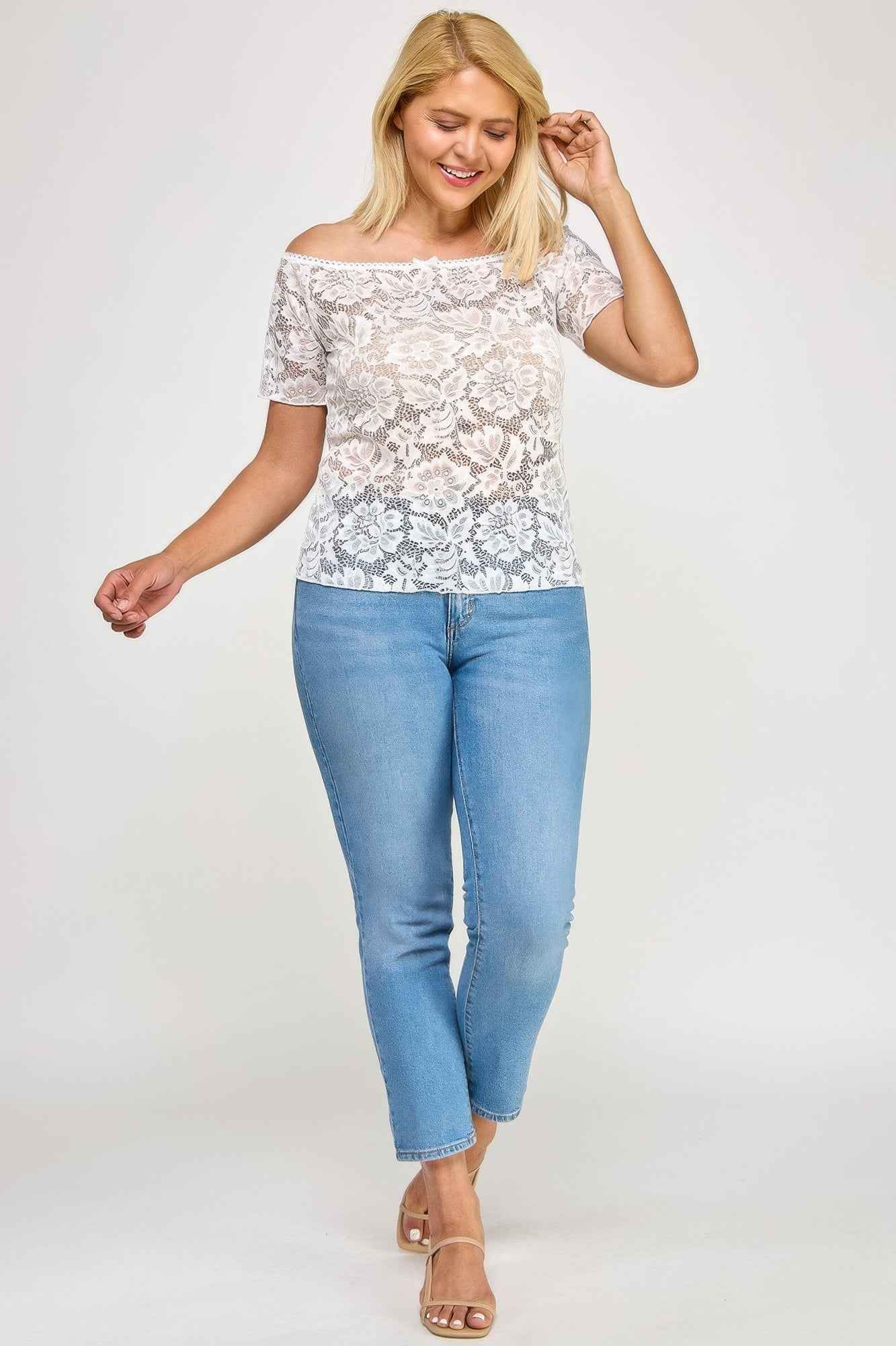 Plus Sized Off The Shoulder Lace Scallop Edge Top