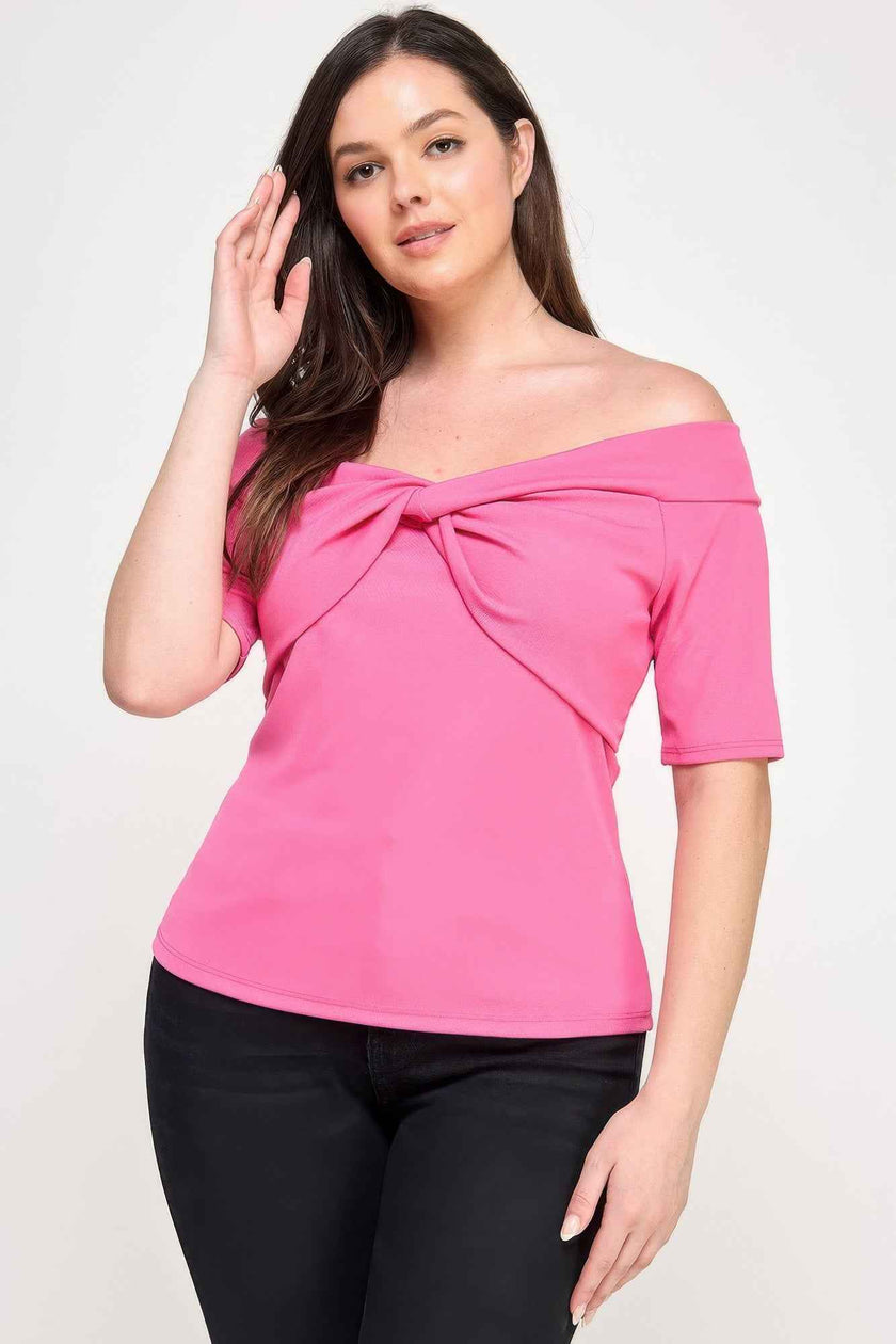 Plus Size Off The Shoulder Knit Rib Twist Knot Top