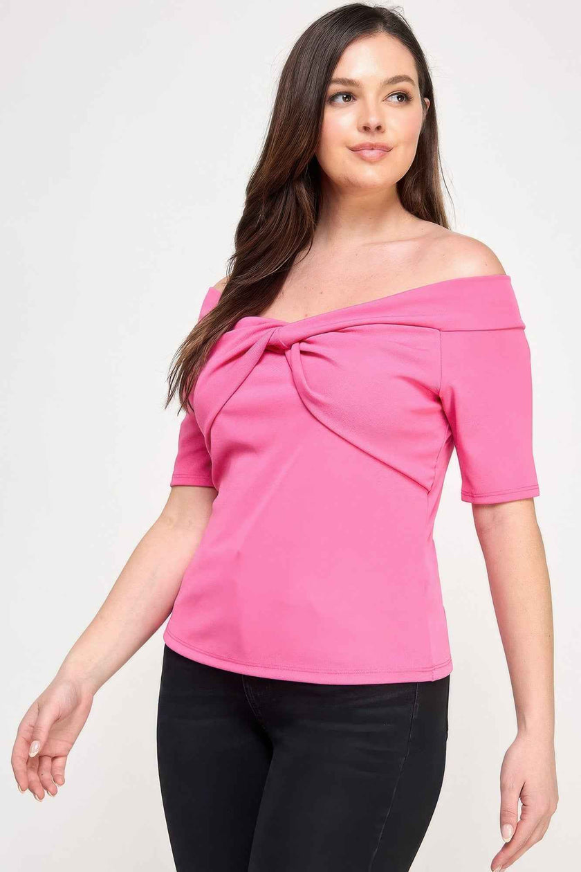 Plus Size Off The Shoulder Knit Rib Twist Knot Top