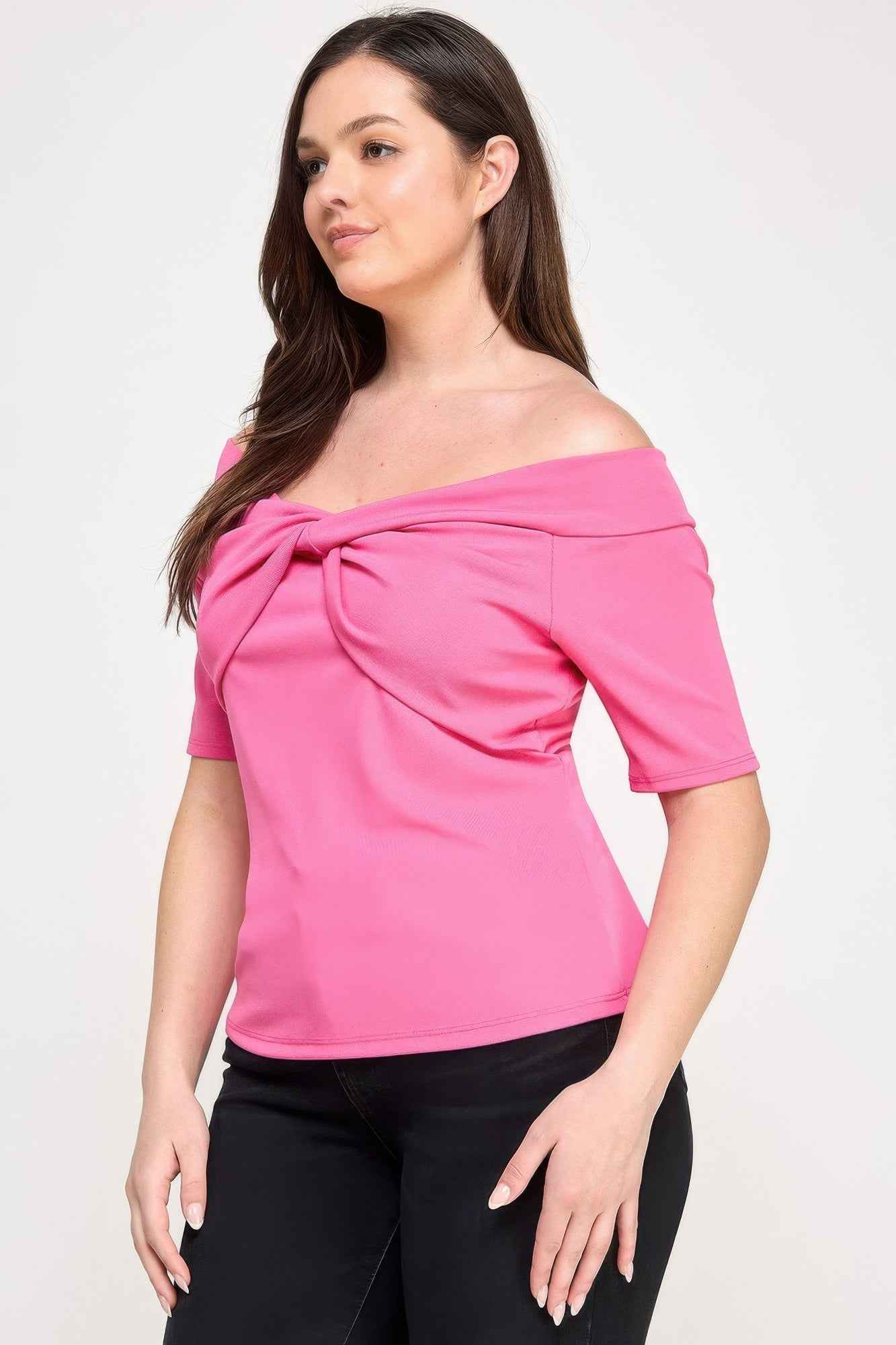 Plus Size Off The Shoulder Knit Rib Twist Knot Top