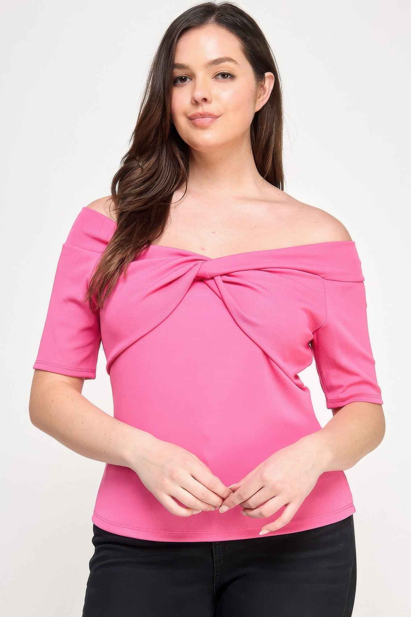 Plus Size Off The Shoulder Knit Rib Twist Knot Top