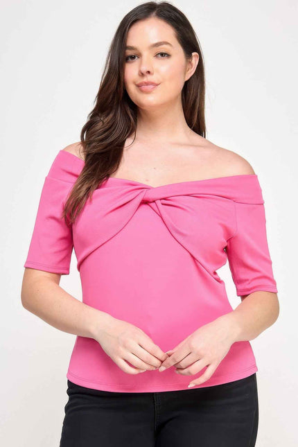 Plus Size Off The Shoulder Knit Rib Twist Knot Top
