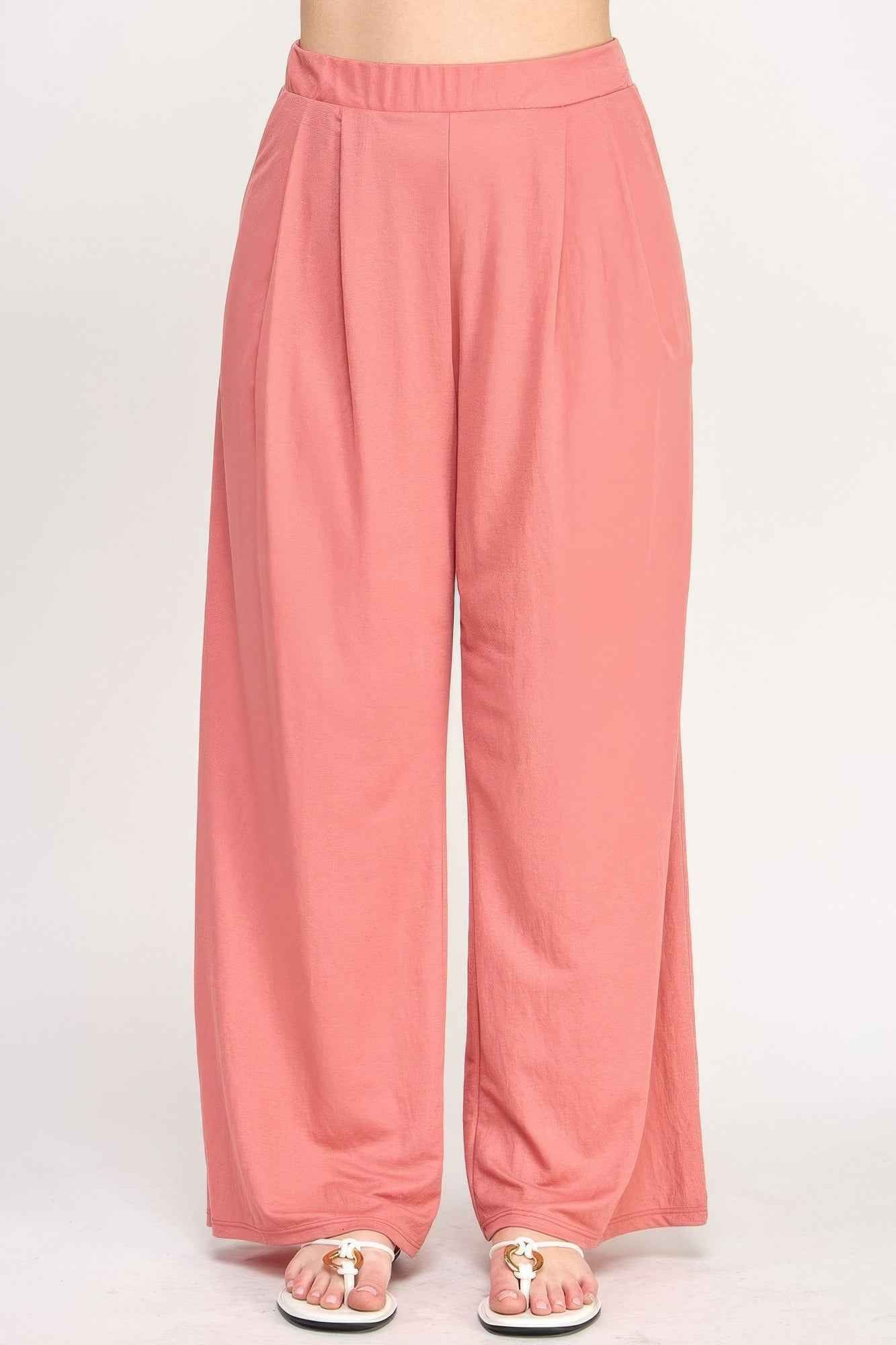 Plus Size Knit Linen Pleated Wide Leg Pants
