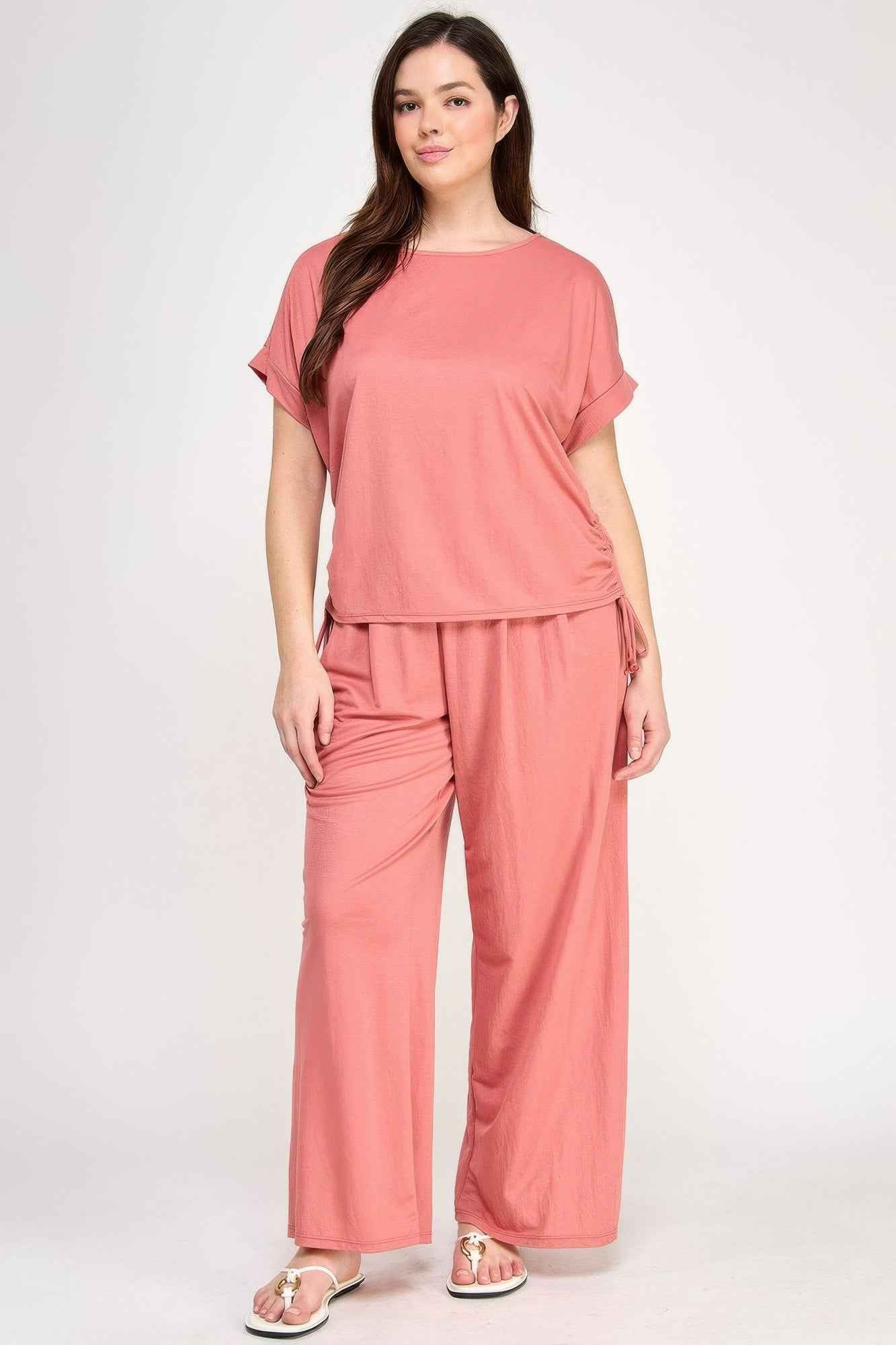 Plus Size Knit Linen Pleated Wide Leg Pants