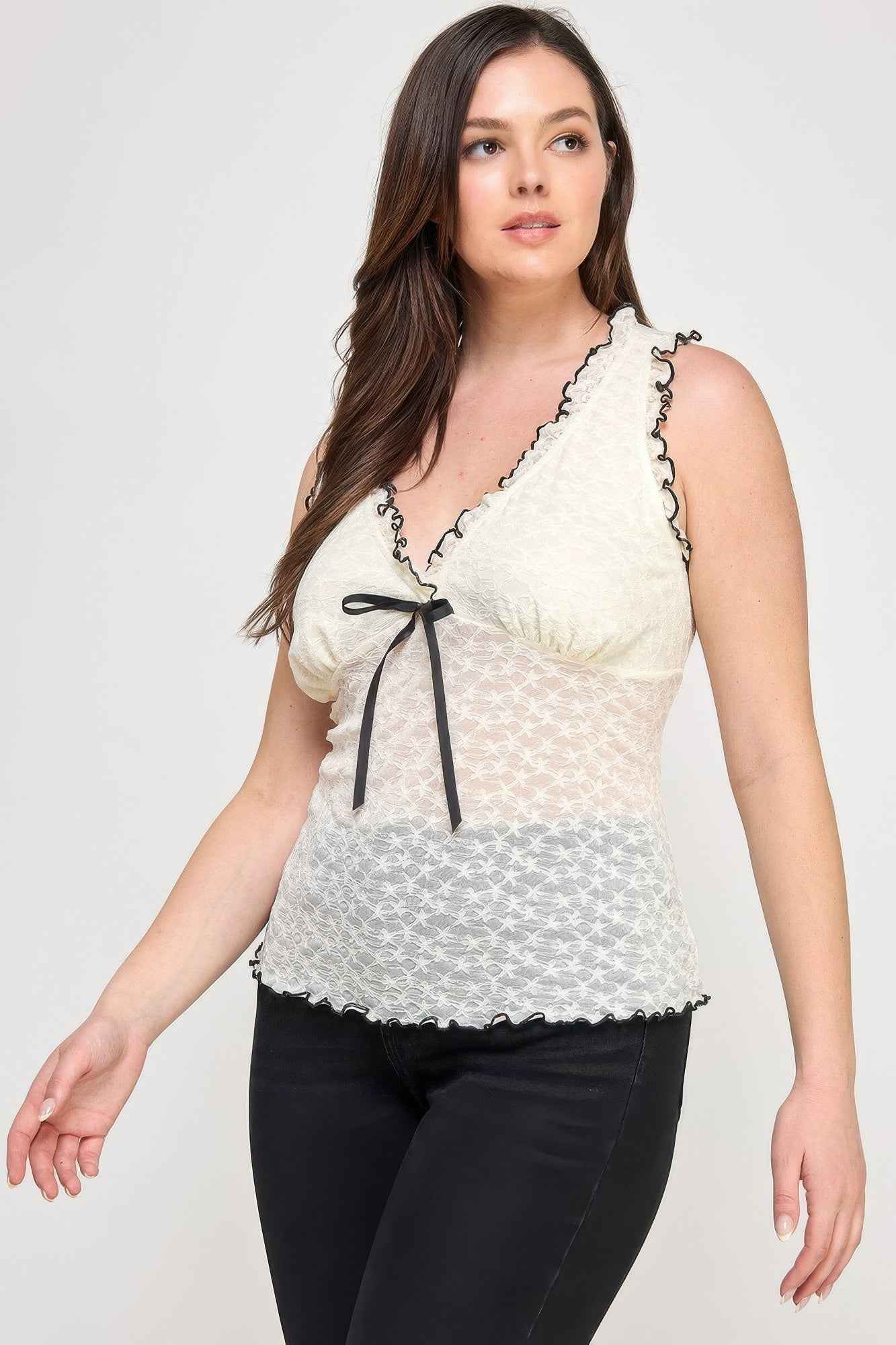 Plus Size Sleeveless Ruffle Lace Bow Tie Front Top