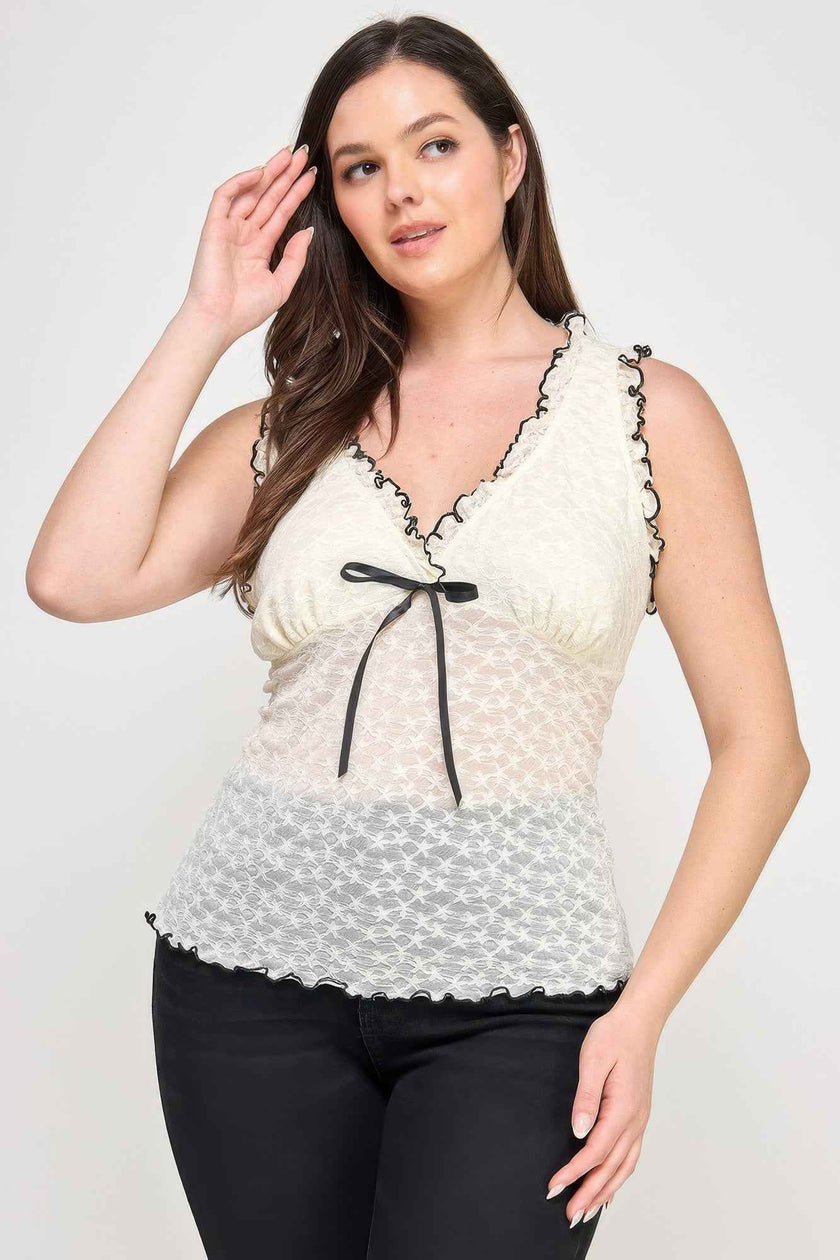 Plus Size Sleeveless Ruffle Lace Bow Tie Front Top