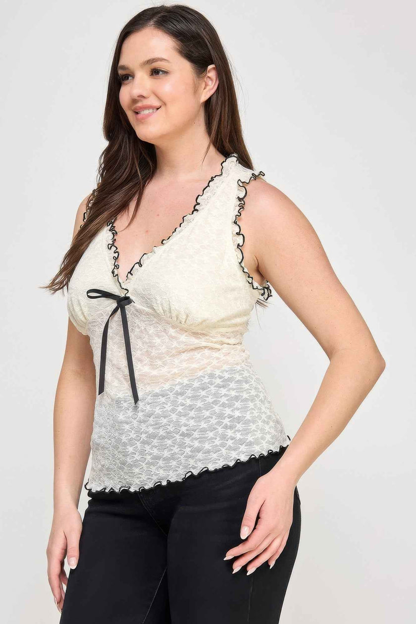 Plus Size Sleeveless Ruffle Lace Bow Tie Front Top