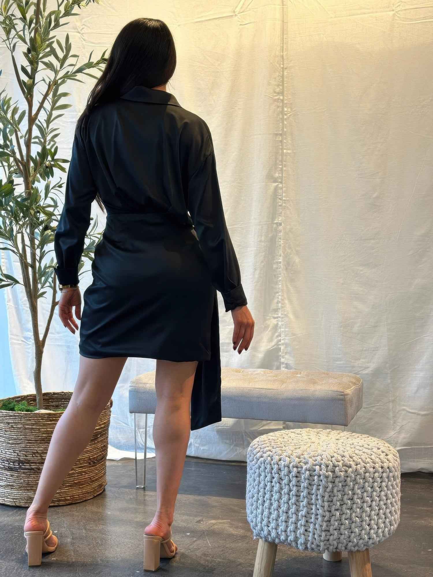 Wrap Satin Long Sleeve Button Down Mini Dress