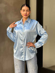 Rhinestone Diamond Lined Button Down Satin Blouse