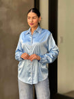 Rhinestone Diamond Lined Button Down Satin Blouse