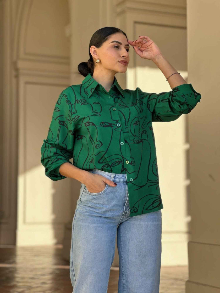 Face Print Long Sleeve Button Down Blouse