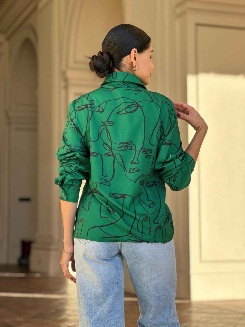 Face Print Long Sleeve Button Down Blouse