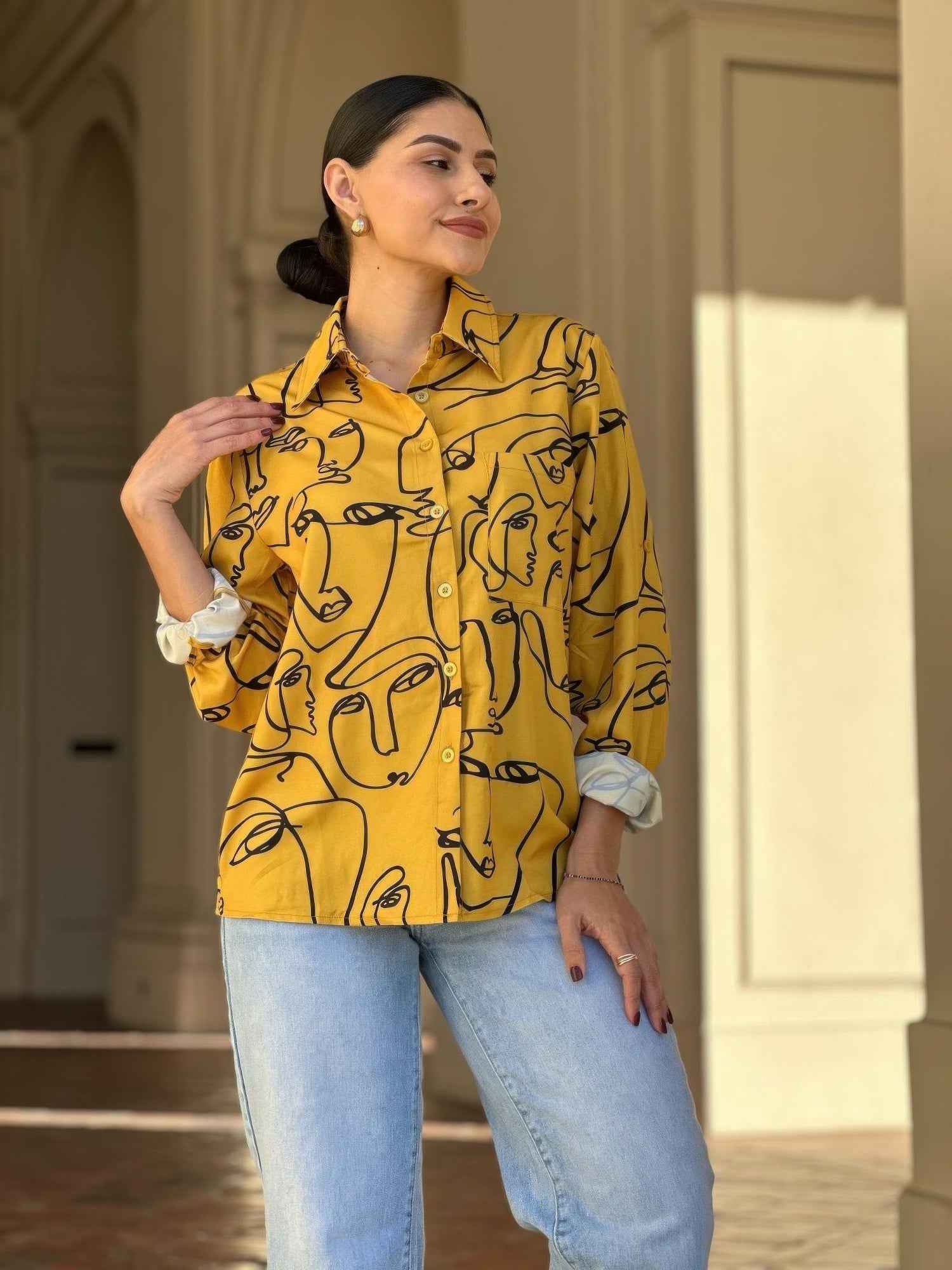 Face Print Long Sleeve Button Down Blouse