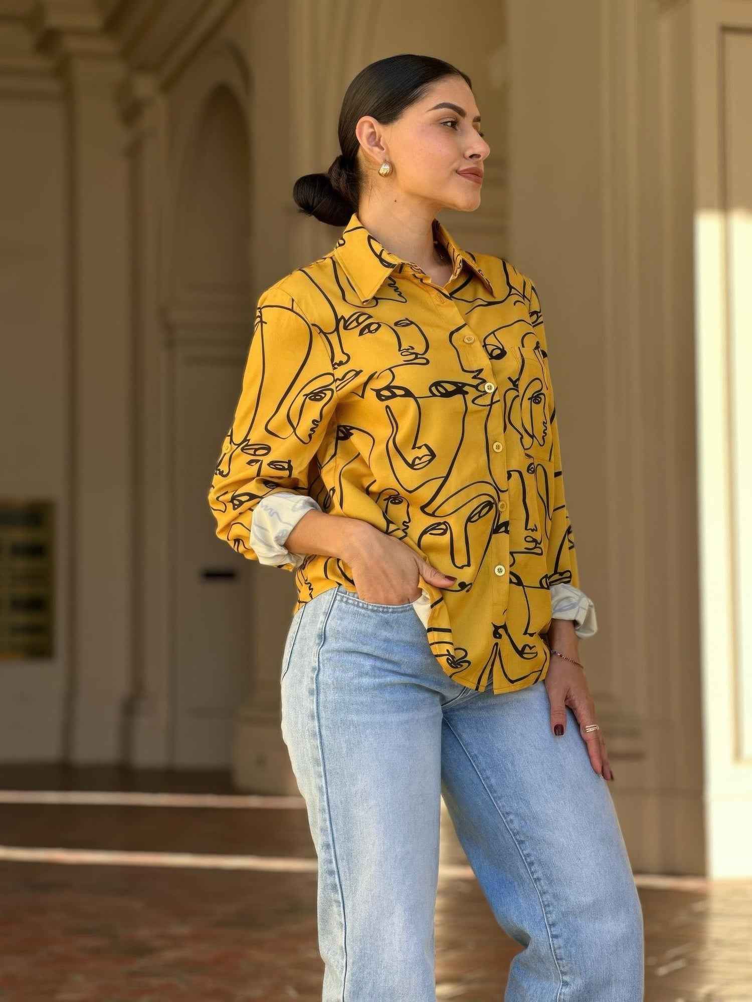 Face Print Long Sleeve Button Down Blouse