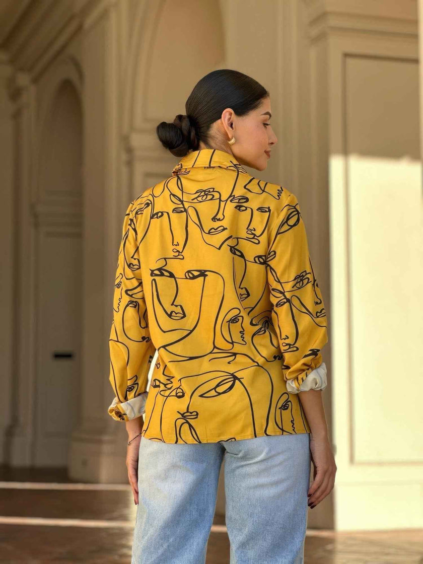 Face Print Long Sleeve Button Down Blouse