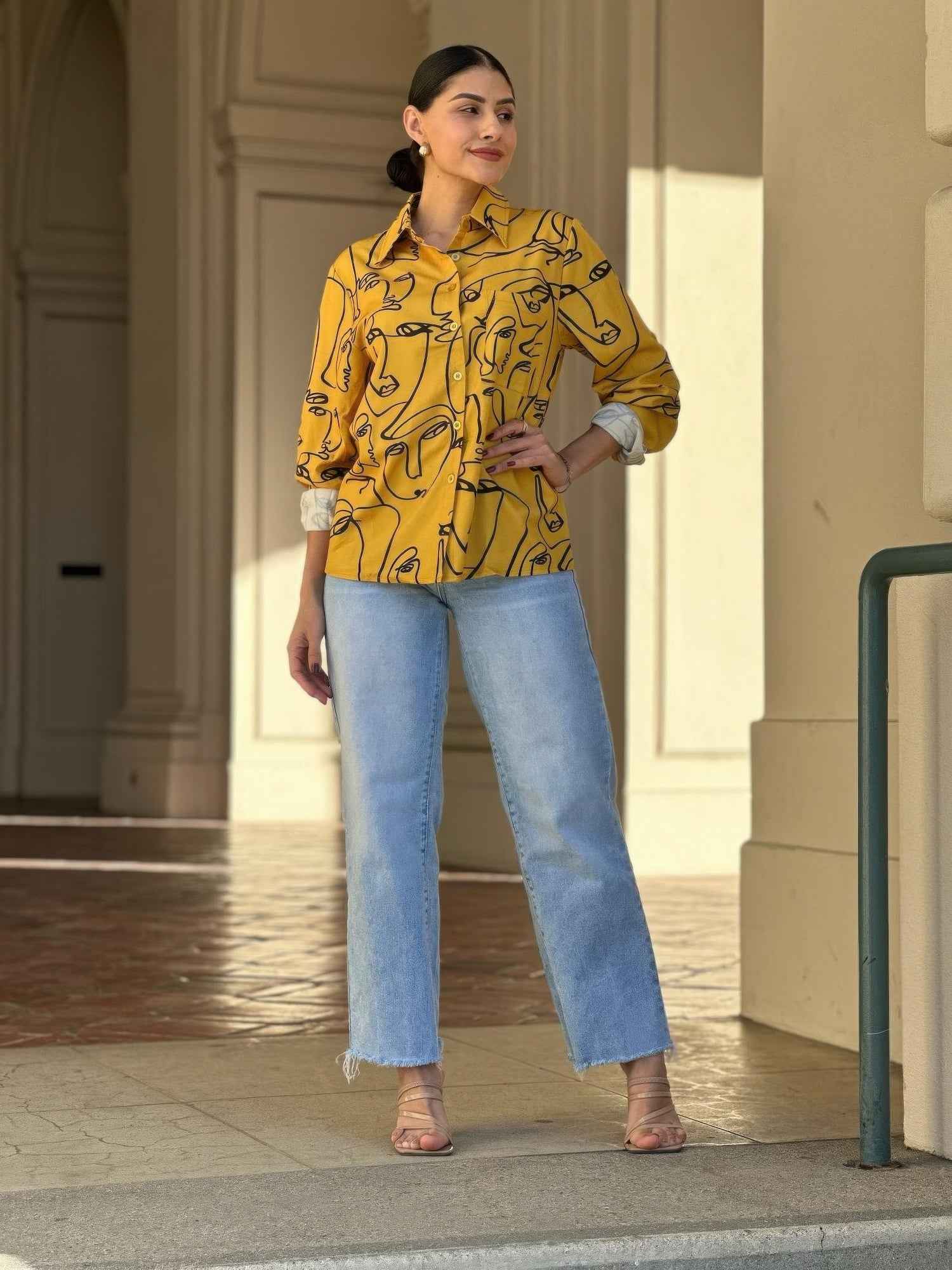 Face Print Long Sleeve Button Down Blouse