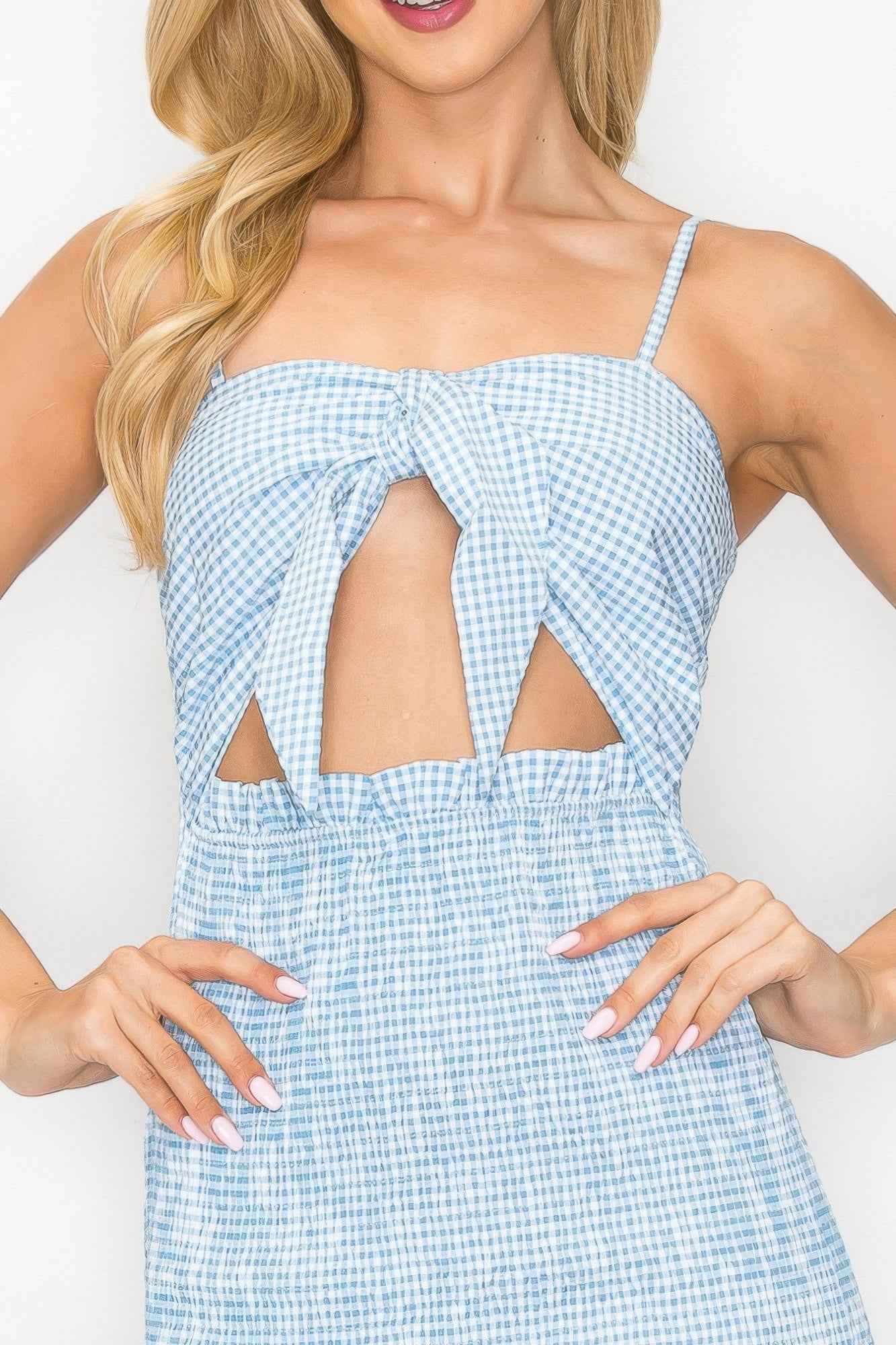 Checker Front Knot Smocked Midi Dress