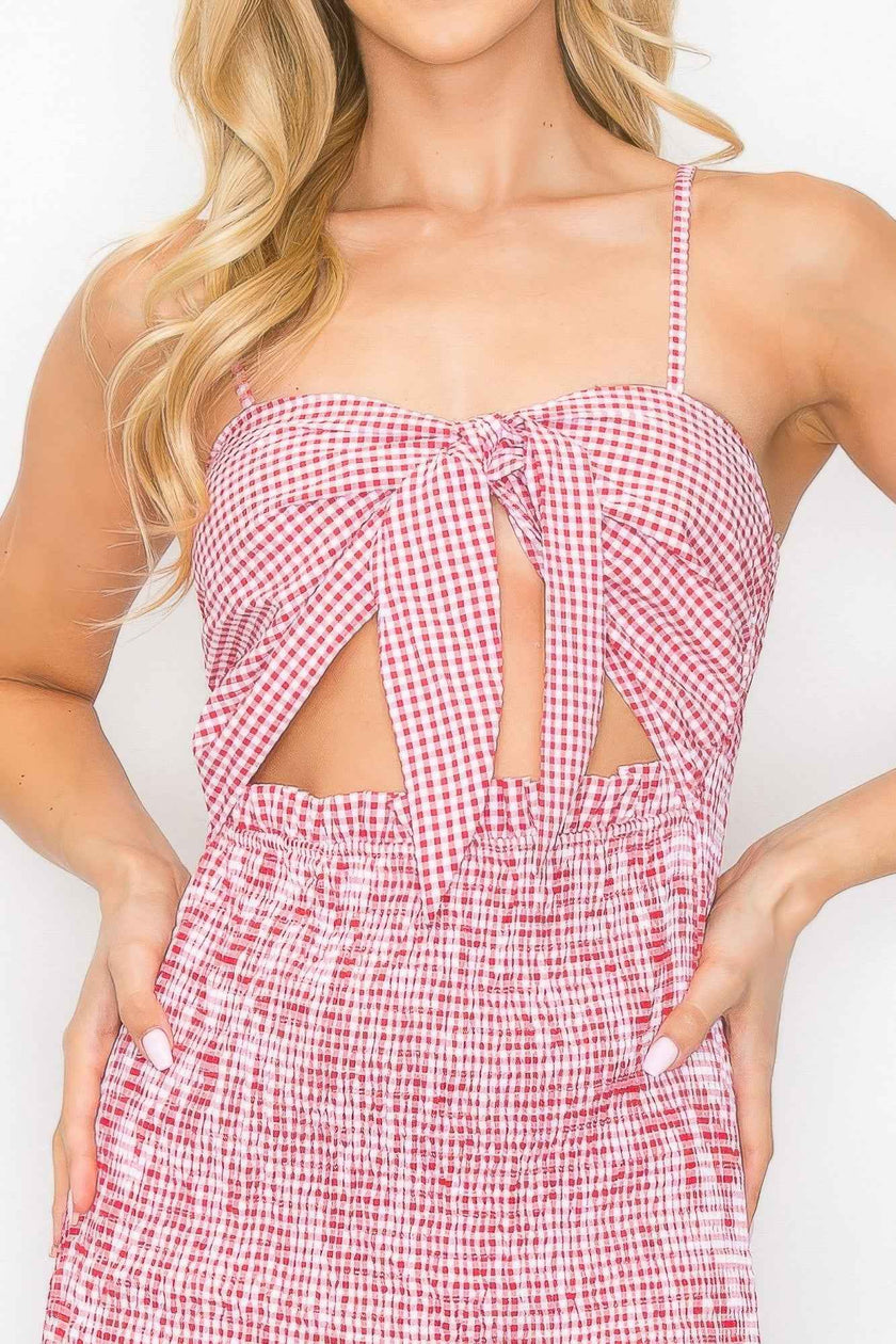 Checker Front Knot Smocked Midi Dress
