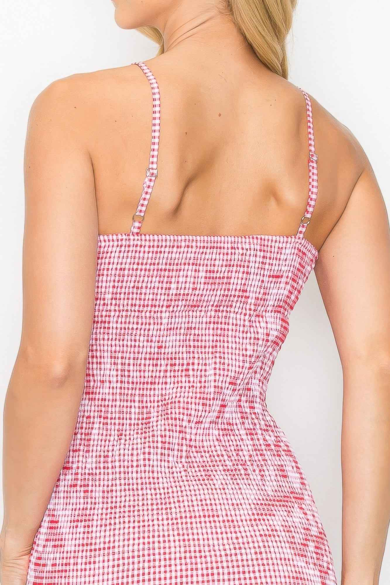 Checker Front Knot Smocked Midi Dress