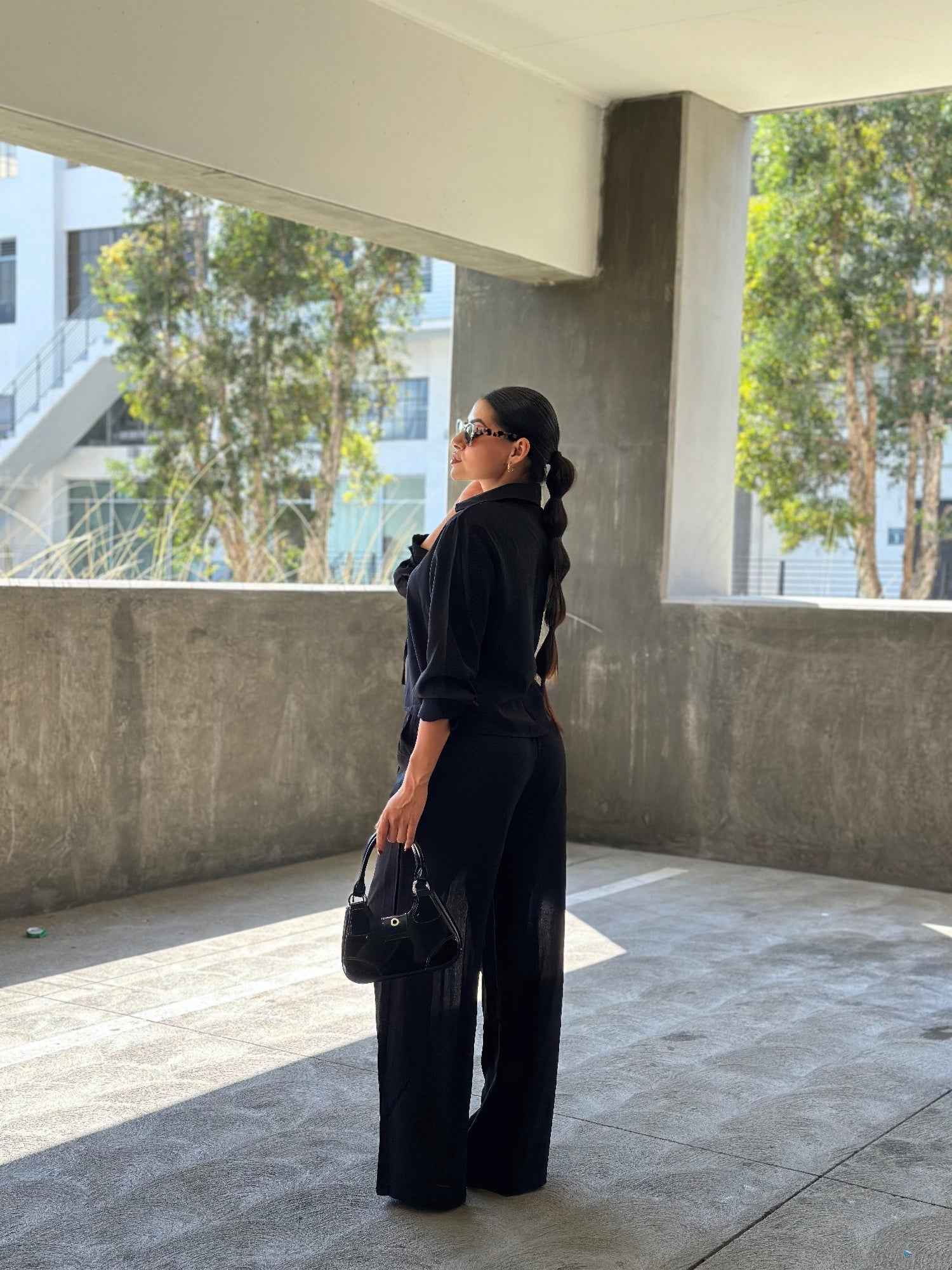 Casual Wide Leg Pants & Long Sleeve Front Tie Set