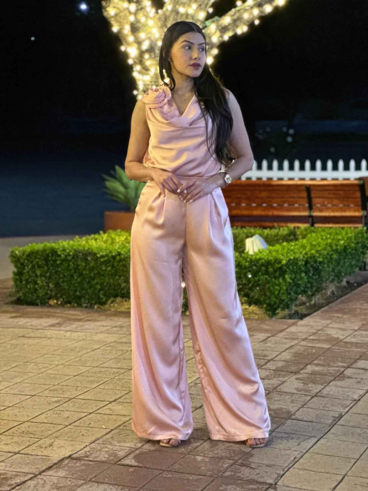 Satin Wide Leg Pants & Flower Sleeveless Top Set