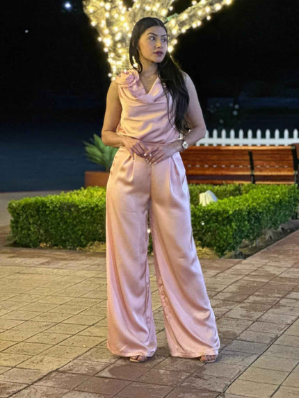 Satin Wide Leg Pants & Flower Sleeveless Top Set