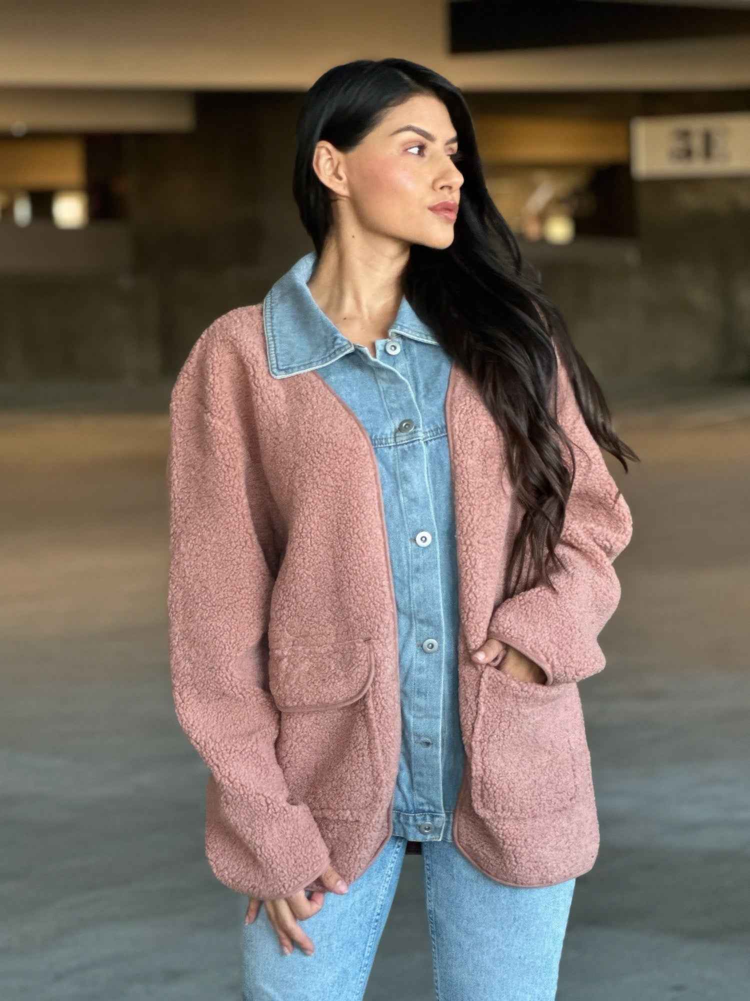 Teddy Fleece & Denim Jacket With Square Pockets