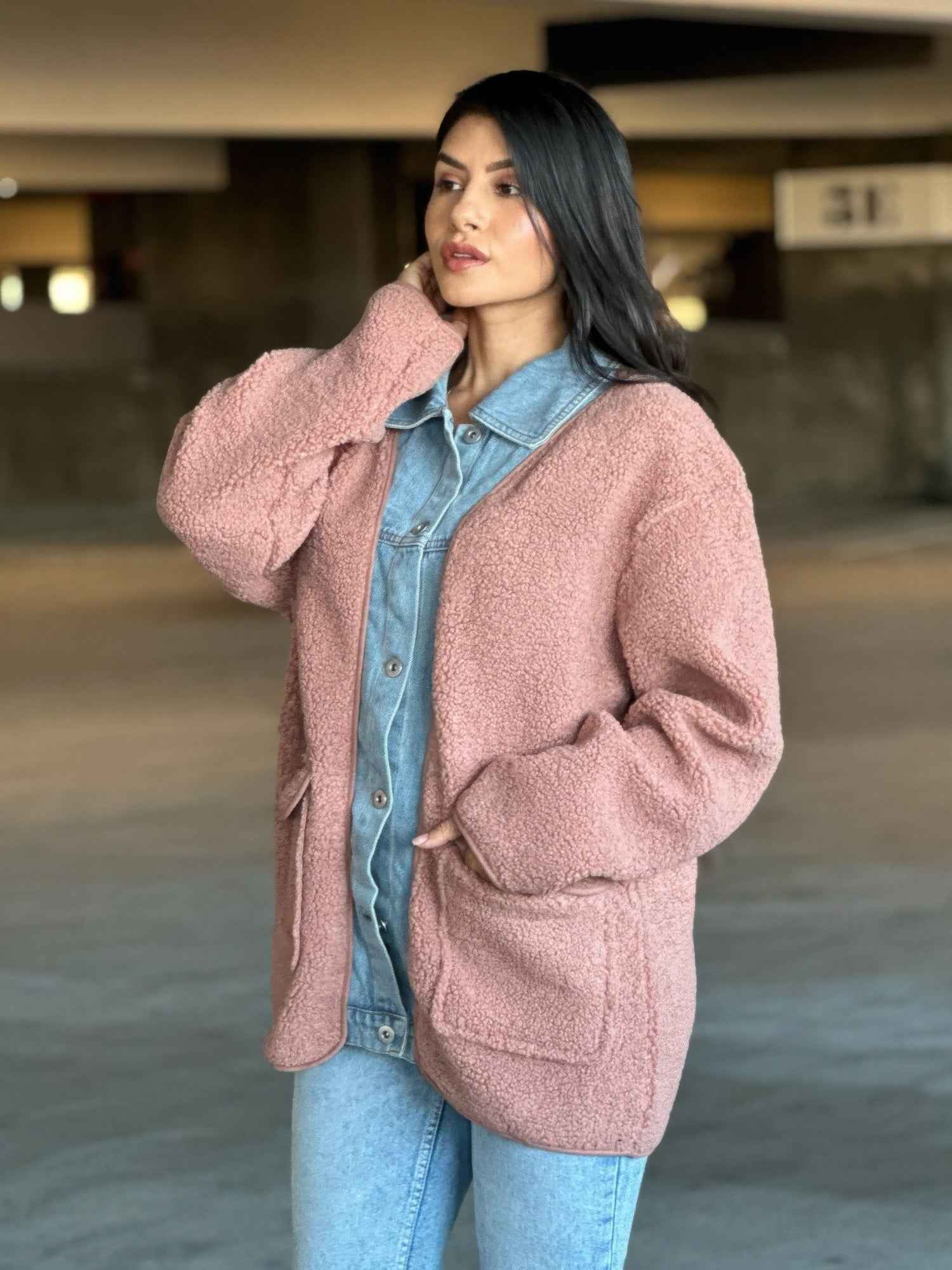 Teddy Fleece & Denim Jacket With Square Pockets