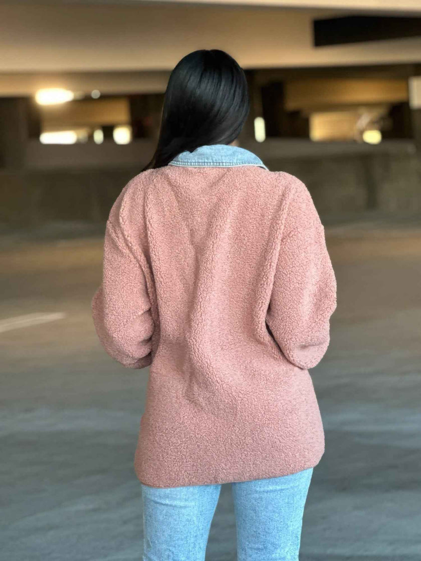 Teddy Fleece & Denim Jacket With Square Pockets