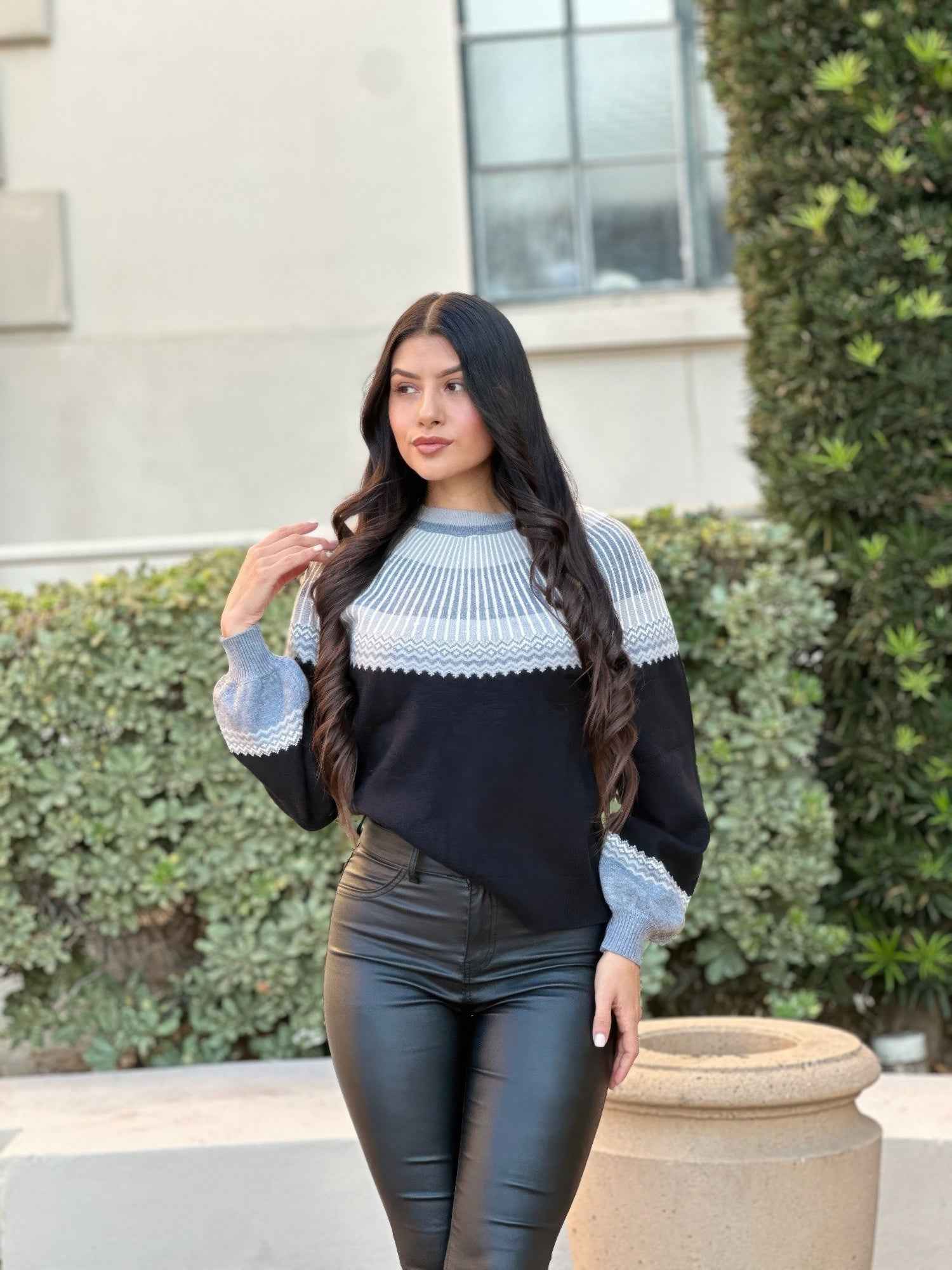 Neutral Color Block Knit Pull Out Sweater