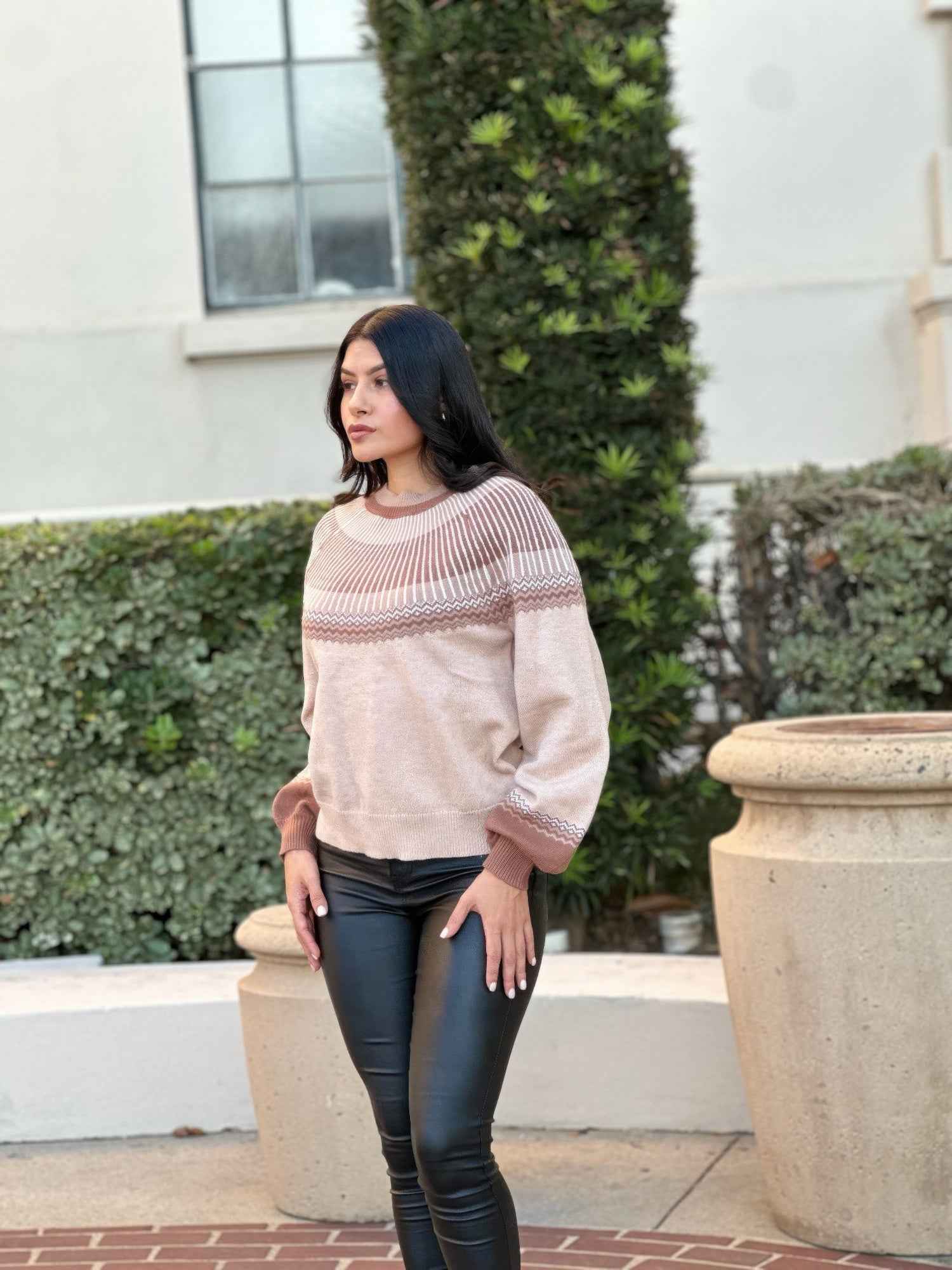 Neutral Color Block Knit Pull Out Sweater