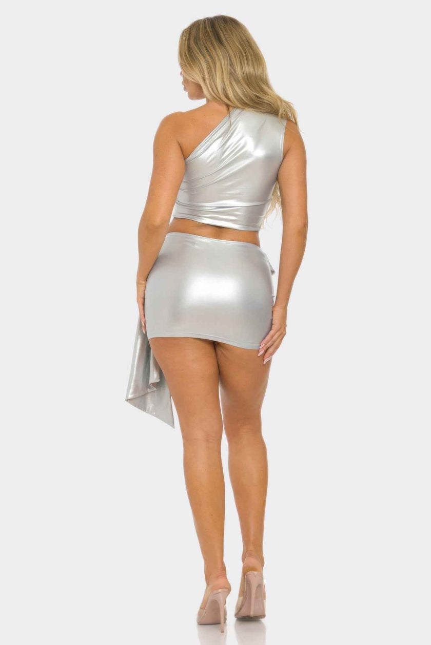 Metallic One Shoulder Crop Top Set