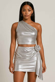Metallic One Shoulder Crop Top Set