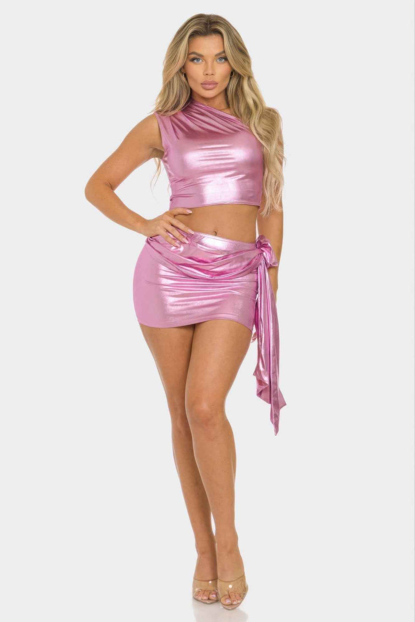 Metallic One Shoulder Crop Top Set