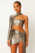 One Sleeve Metallic Top & Skirt Set