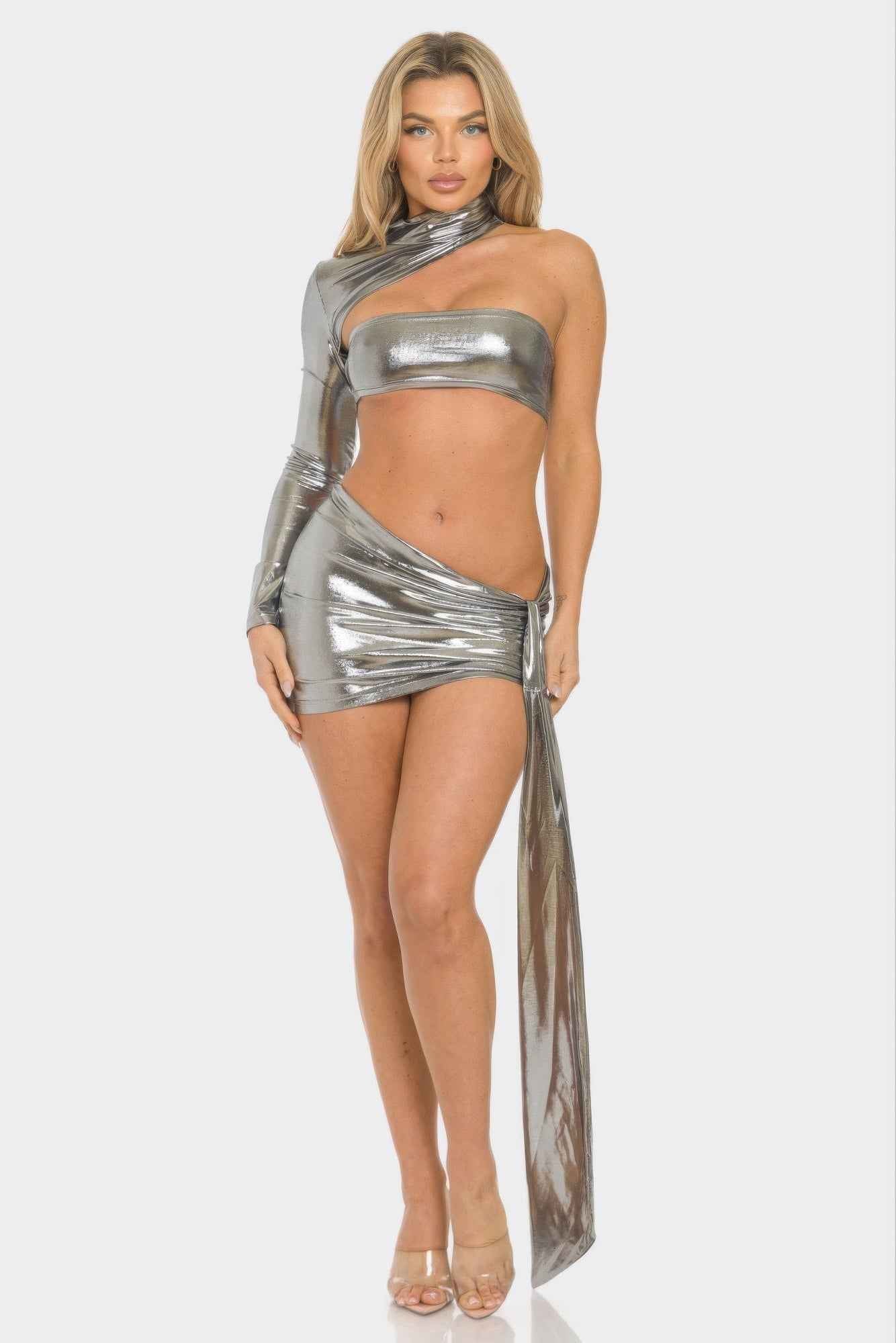 One Sleeve Metallic Top & Skirt Set