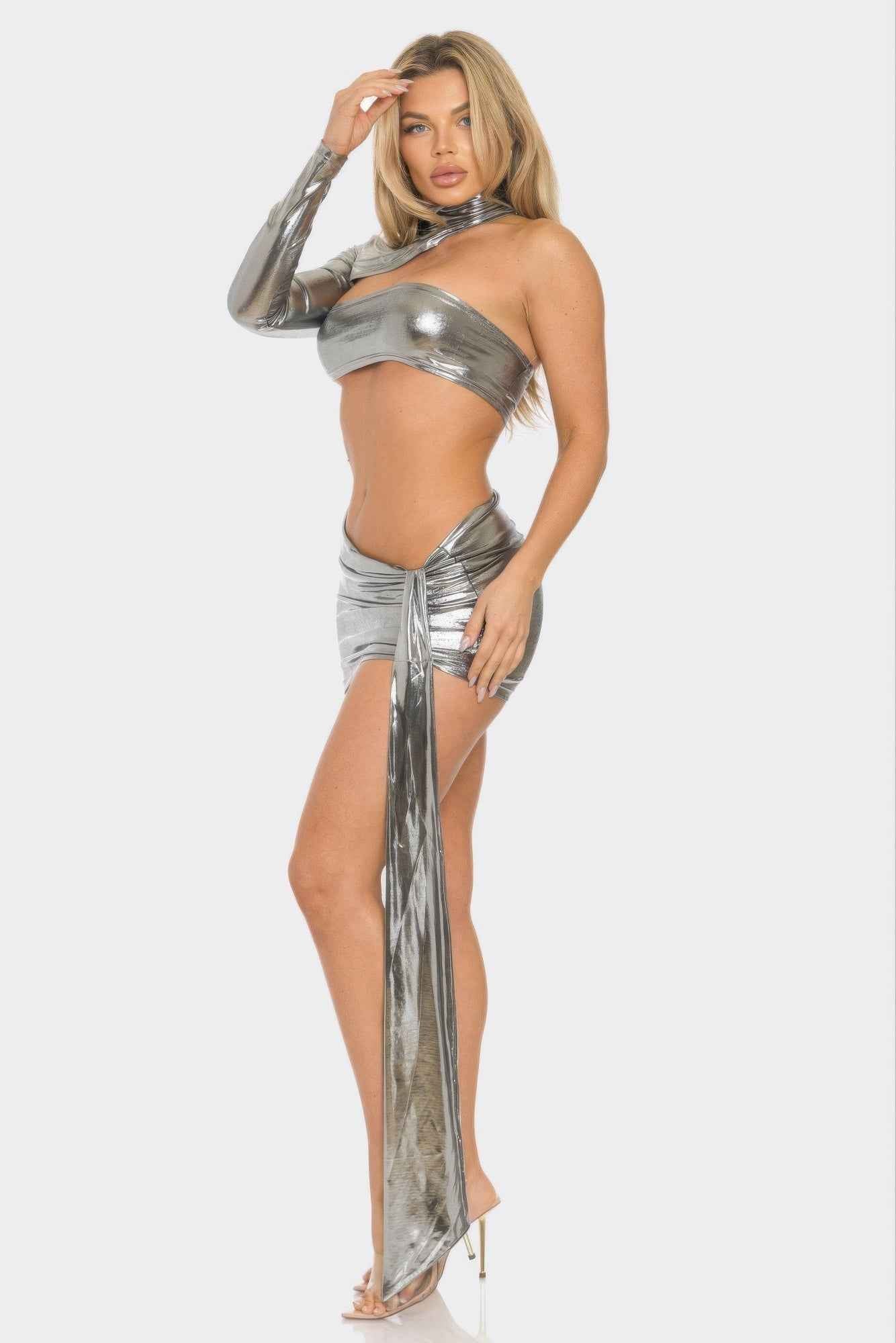 One Sleeve Metallic Top & Skirt Set