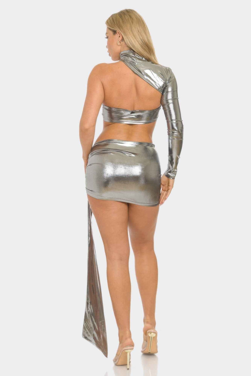 One Sleeve Metallic Top & Skirt Set