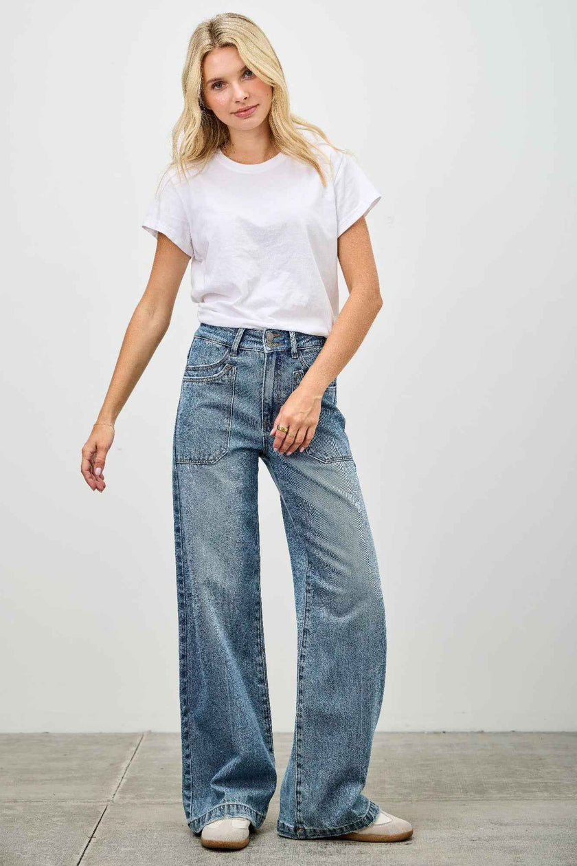 High Rise Double Pocket Wide Leg